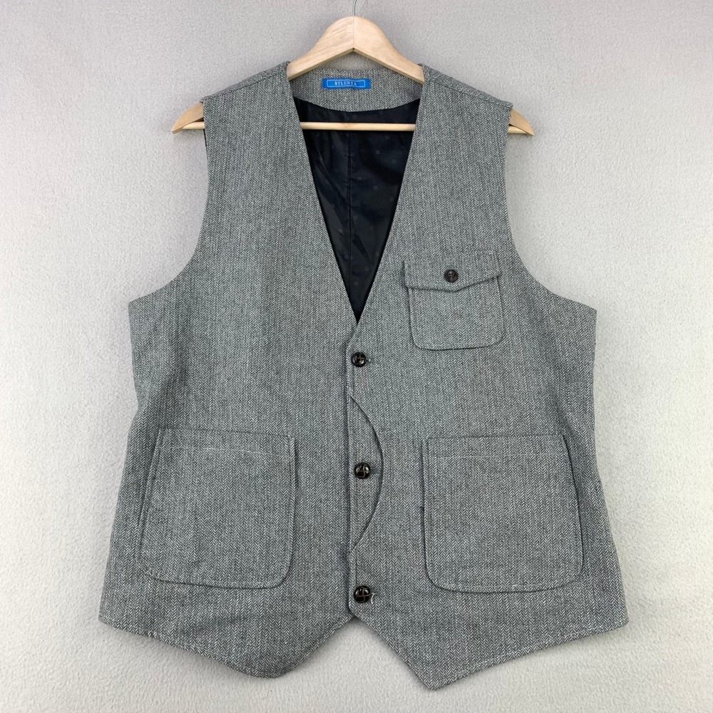 Mens Wool Tweed Waist Coat size Large Grey Herringbone Heritage Old Money 3-BTN